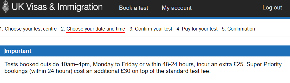 Life in the UK test fees 2026 — GOV.UK notice confirming tests booked outside 10am–4pm Monday to Friday or within 48–24 hours incur an extra £25, and Super Priority bookings within 24 hours cost an additional £30.